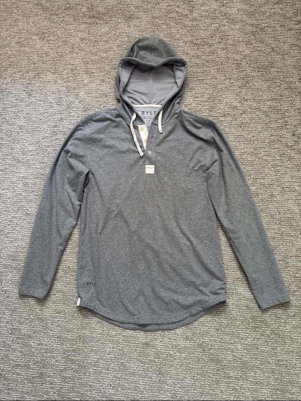 BYLT Basics Grey Hooded Henley Drop Cut Lux Stretch Sleek Long Sleeve S